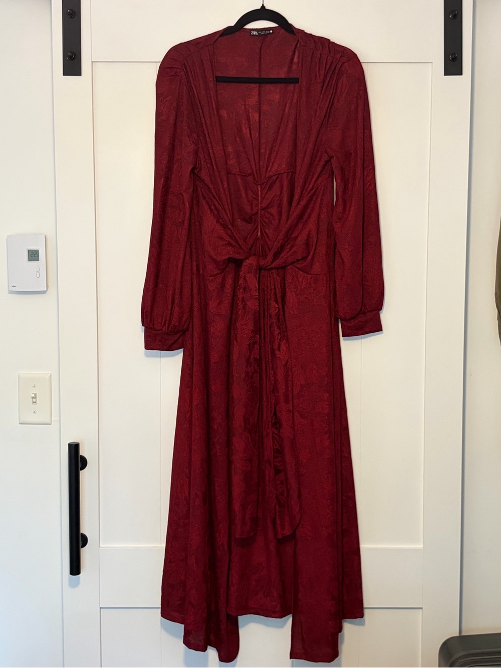 Zara Burgundy Long-Sleeve Tie-Front Maxi Dress